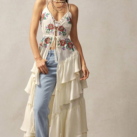 Boho Women's floral Embroidery Pattern Ruffle Trim Backless maxi cami top - Picture 2 of 8